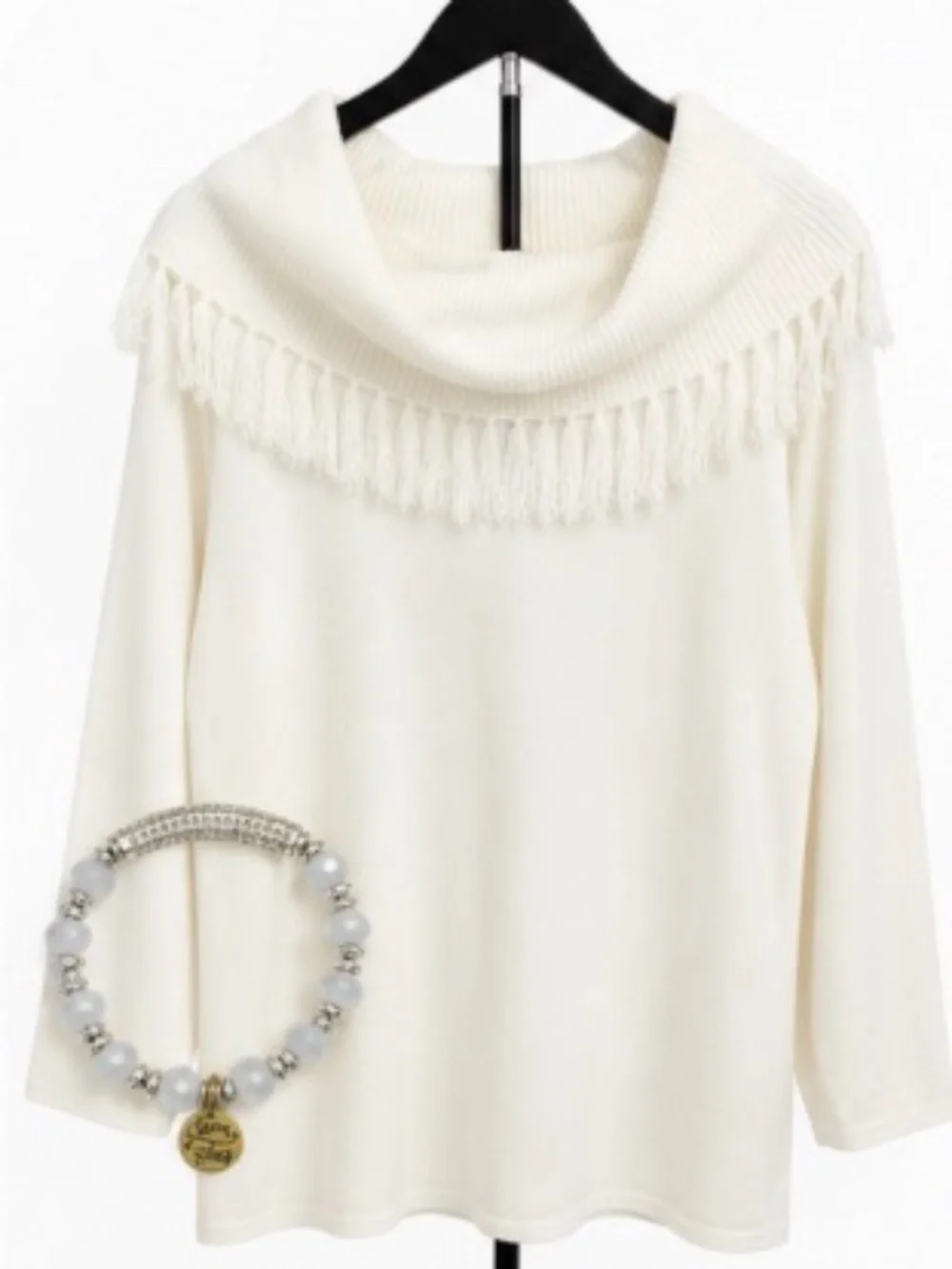 Crystal-Kobe White Fringe Cowl Neck Sweater XL Soft Knit Boutique Top - Picture 1 of 4